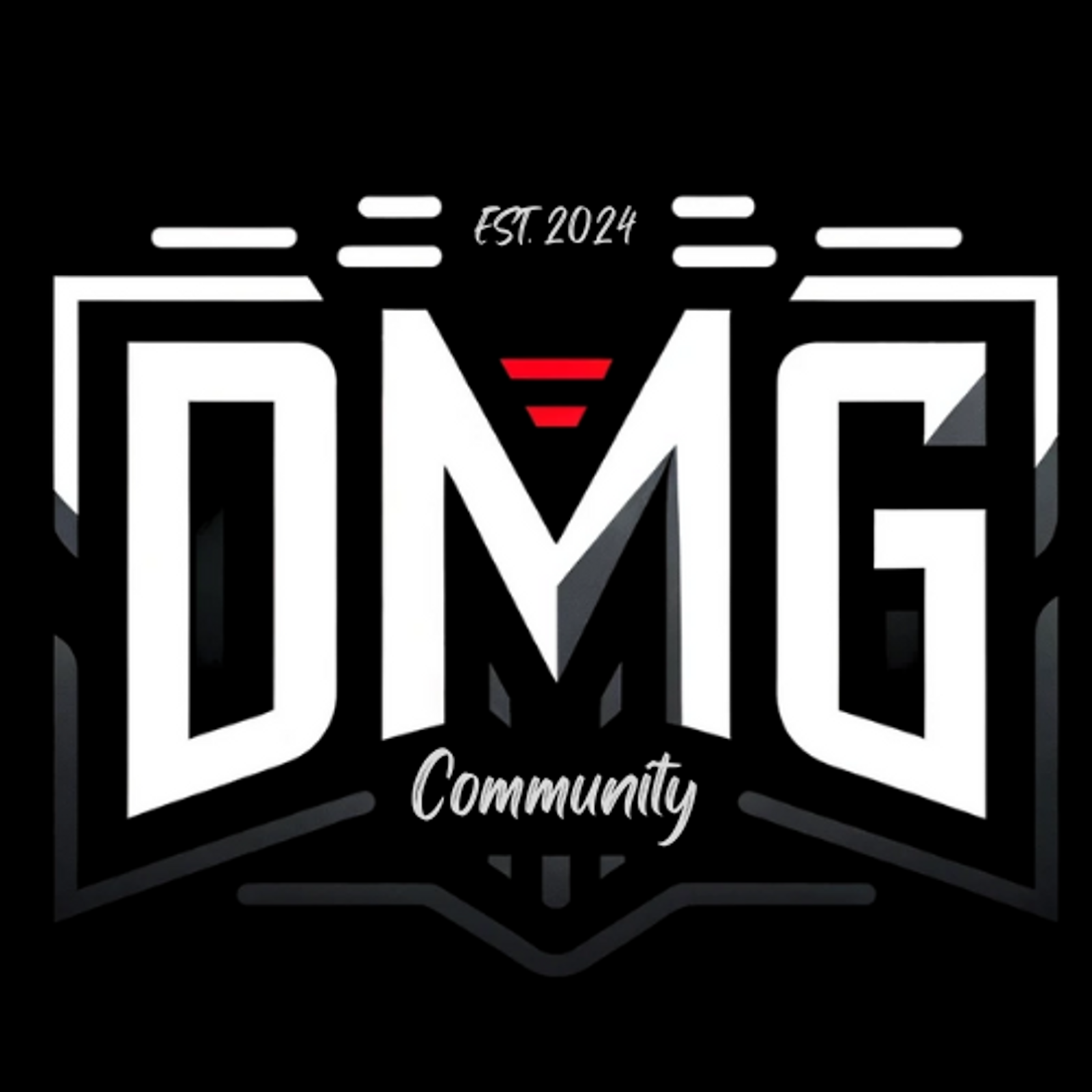 Logo of DMG Studios established in 2024, featuring bold white letters 'DMG' with a red accent above 'Studios' 